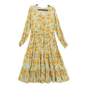 Roolee Floral Tiered Maxi Dress Large Green Orange Long Sleeve smocked cuffs